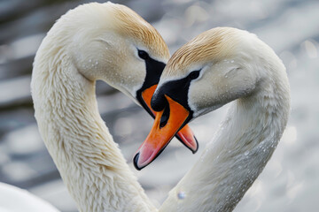 Two swans are facing each other with their beaks touching, forming a heart shape