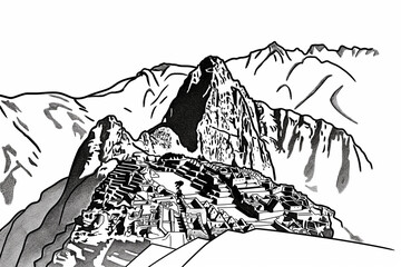 Black and white line drawing illustration of Macau Picchu in Peru. One of the seven wonders of the ancient world	