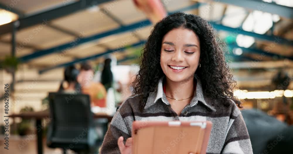 Poster university, tablet and girl at campus cafeteria for research, planning or ebook sign up for homework