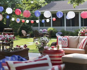 Modern Outdoor Celebration: Elegant Fourth of July Decorations Adorning Lounge Area with American Flag Throw Pillows - Clean composition, Ample negative space