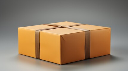 Orange cardboard box with brown ribbon on gray background