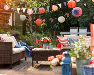 Backyard Patriotic Decor: Well-Decorated Patio with Fourth of July Banners and Paper Lanterns - Clean composition, Ample negative space