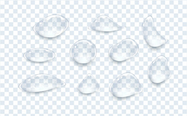 Transparent drops with the texture of oil, gel or serum.