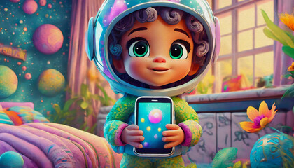 Fototapeta premium oil painting style cartoon character Child Astronaut Exploring Cosmic Galaxy with Smartphone in Bedroom