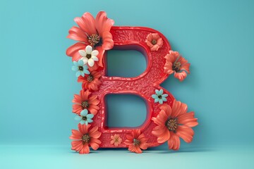 3D Render Letter B with Engraved Flowers on Cyan Background