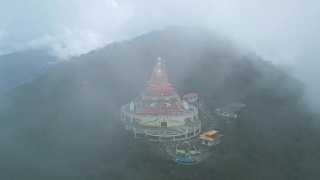 Padmasambhava, Guru Rimponche statue in Sikkim from the air, India from drone