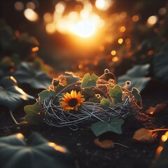 A falling sunflower lying on the ground, under the sunset