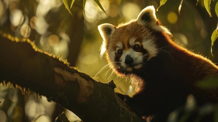Close-up of a red panda (Ailurus fulgens) in its natural leafy environment, bathed in the golden...