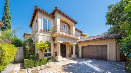 This beautiful home features a mixed material facade, well-kept garden, and inviting entrance amidst suburban tranquility