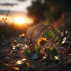 A falling sunflower lying on the ground, under the sunset