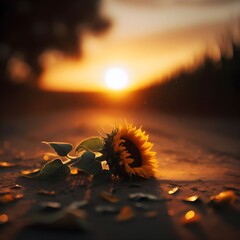 A falling sunflower lying on the ground, under the sunset
