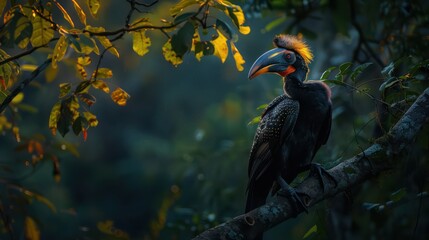 Obraz premium A solitary hornbill is silhouetted against an ethereal twilight backdrop, its distinctive profile emphasized by subtle lighting