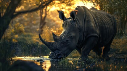 Fototapeta premium As dusk falls, a rhino quenches its thirst by a serene waterhole, surrounded by the enchanting light of twilight