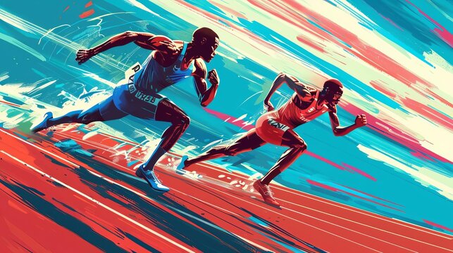 Comics of Track and Field 100m Sprint Sprinters race to the finish line