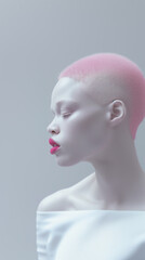 Portrait of an albino woman with bold haircut. Short hair. Beautiful pink make-up, pink lips. Minimalistic composition with copy space