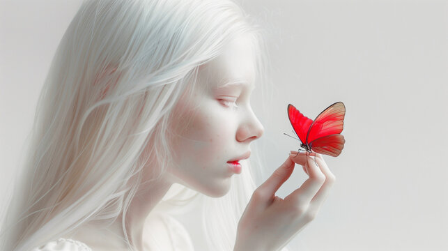 Portrait of an albino girl with long hair closely looking at the red butterfly. Minimalistic composition with copy space.