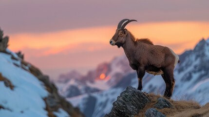 A majestic mountain goat on a rocky alpine landscape as the sunset paints the sky in fiery colors