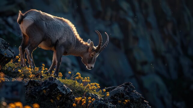 A graceful ibex traverses a challenging mountainous landscape, showcasing its agility and adaptation to the wild