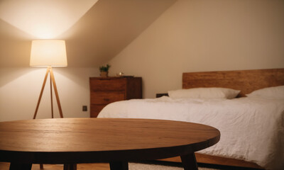 Close up of an empty round wooden table in a cozy minimalist bedroom. Blurred interior background, can be used as a mockup for montage products display or design layout. Scandinavian interior.