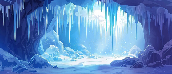 A stunning ice cavern featuring icicles and frozen waterfalls, creating a magical winter wonderland.