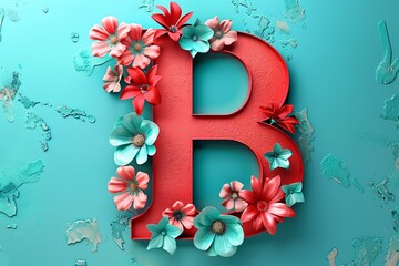 3D Render Letter B with Engraved Flowers on Cyan Background