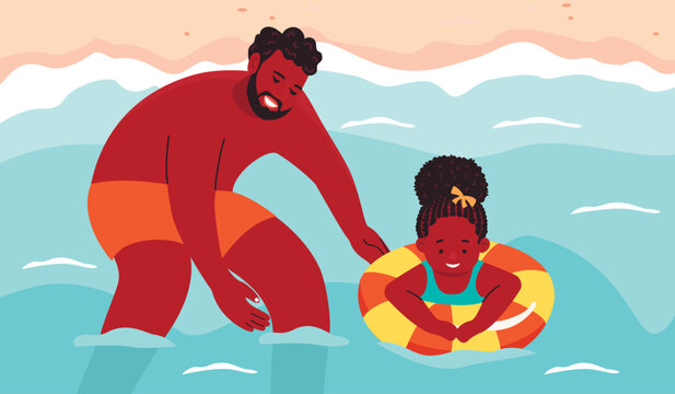 Summer season cartoon illustration with happy dad and daughter resting on sea beach.Father teaches child to swim with  inflatable ring.Vector design for use in posters,banner templates,backgrounds. 