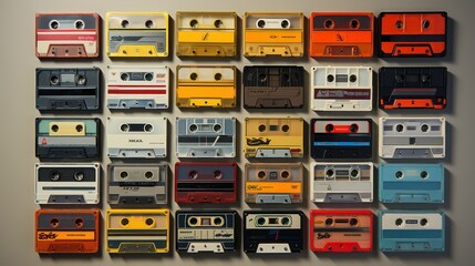 Collection of old audio cassettes on a gray background. Retro style.