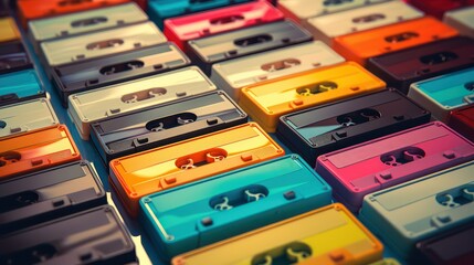 Colorful audio cassettes close up. Retro style toned image