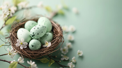 Fototapeta premium AI generative. Easter banner template with Easter eggs in the nest on light green background
