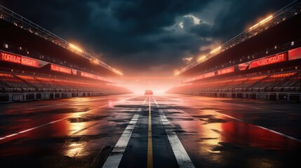 Empty race track at night with neon lights and car