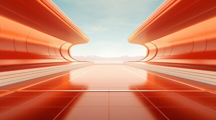 Futuristic corridor with orange wall and blue sky