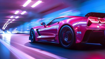 Red sports car speeding on highway - k motion wallpaper. Concept car photography, sports car, high speed, motion blur, highway landscape