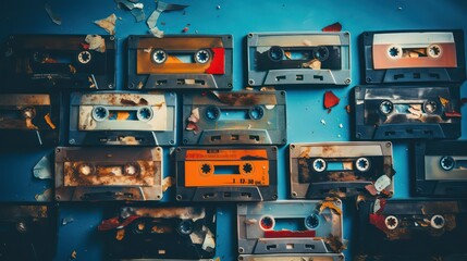Vintage audio cassettes on blue background. Concept of music.