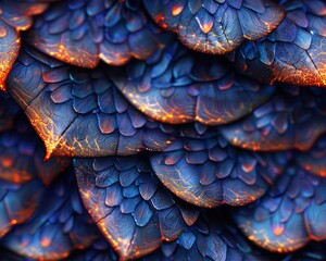 A seamless tiling texture of blue and orange dragon scales.