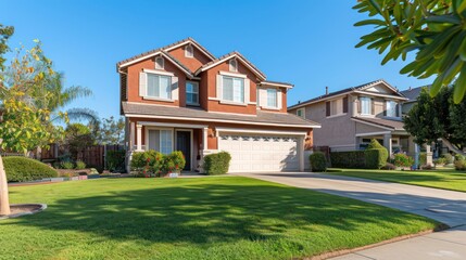 Fototapeta premium This image showcases a modern two-storied home with a neat lawn and garage under the clear sky