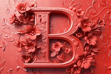 3D Render Letter A with Engraved Flowers on Red Abstract Background