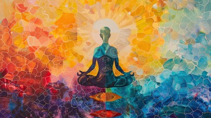 A figure meditating in the center of an aura radiating from their heart again a vibrant colors background.