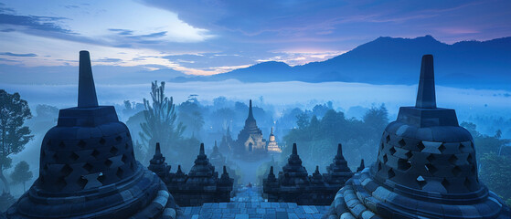Historic Borobudur temple complex in Indonesia illuminated at dawn, showcasing intricate stone carvings and architecture.