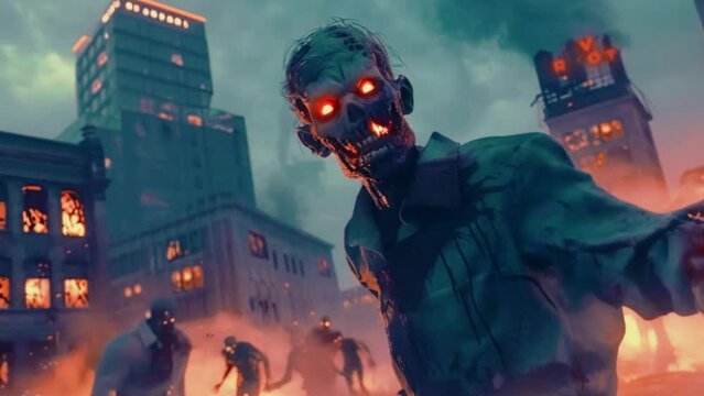 Zombie Invasion in a Destroyed City , Horror Halloween Background 4k Loop High-Quality animation video