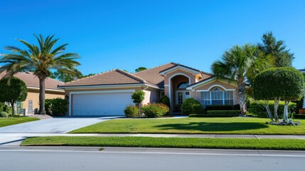 A luxurious single-story suburban home with lush tropical landscaping, evoking exclusivity and comfort in a sunny residential neighborhood