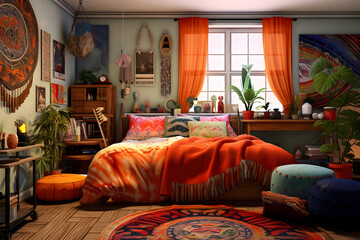 colorfull beautiful alternative bedroom boho style vintage illustration, bedroom illustrated vintage style