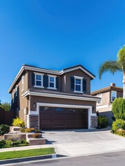 Fototapeta premium A sleek house design features clean lines and brown accents with a neat pathway, exuding modern sophistication