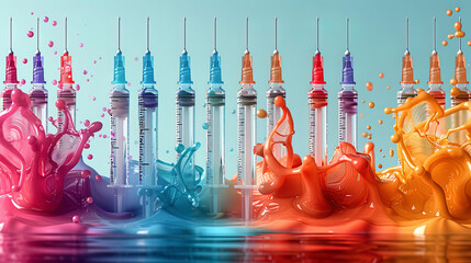 Medical syringes float in the air on a blue background. Medical syringes with liquid for injection.