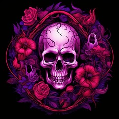 A gothic and dramatic arrangement of flowers and a skull encased within a circular border, rendering a spooky and intricate aesthetic