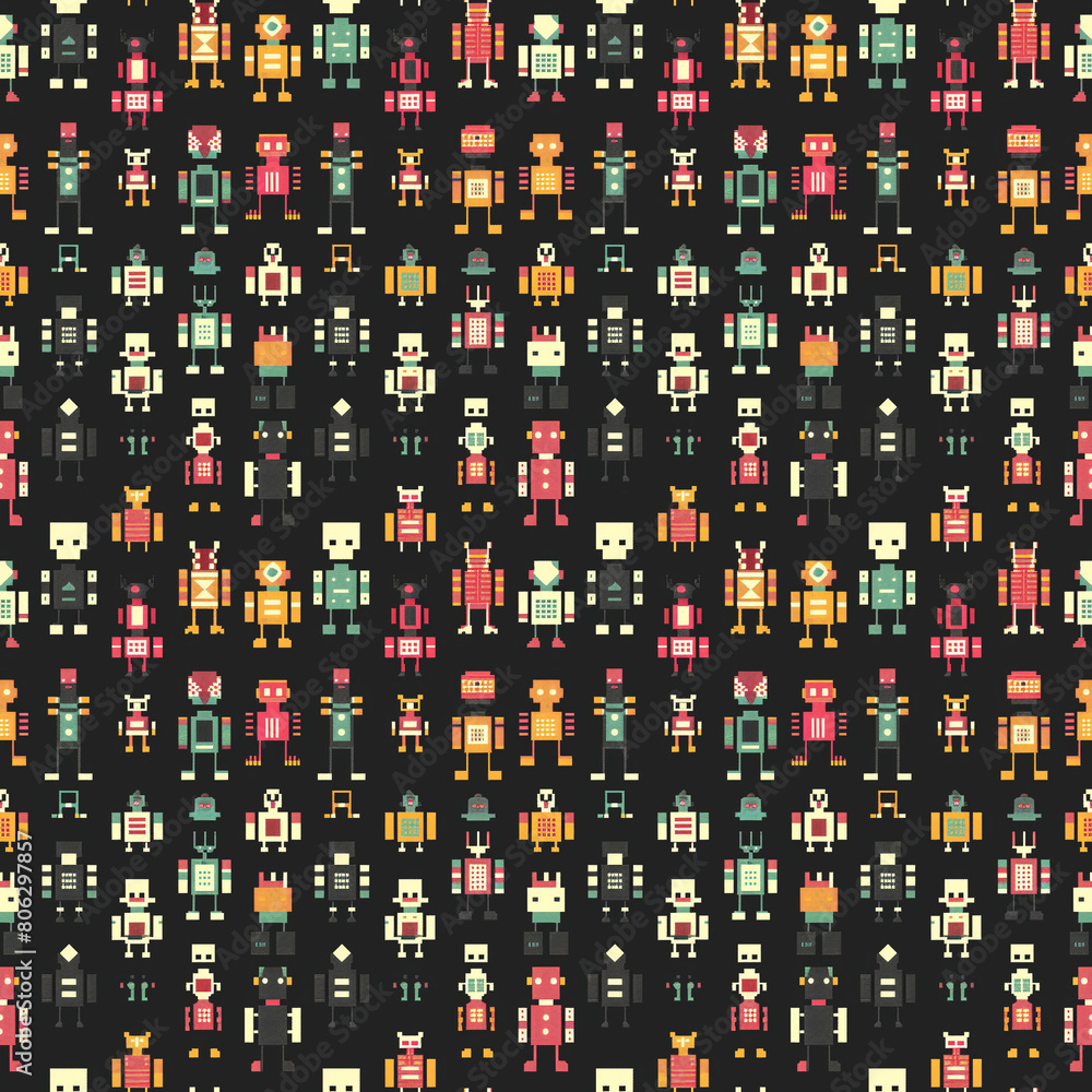 Poster a design featuring a repetitive pattern of pixelated robots.