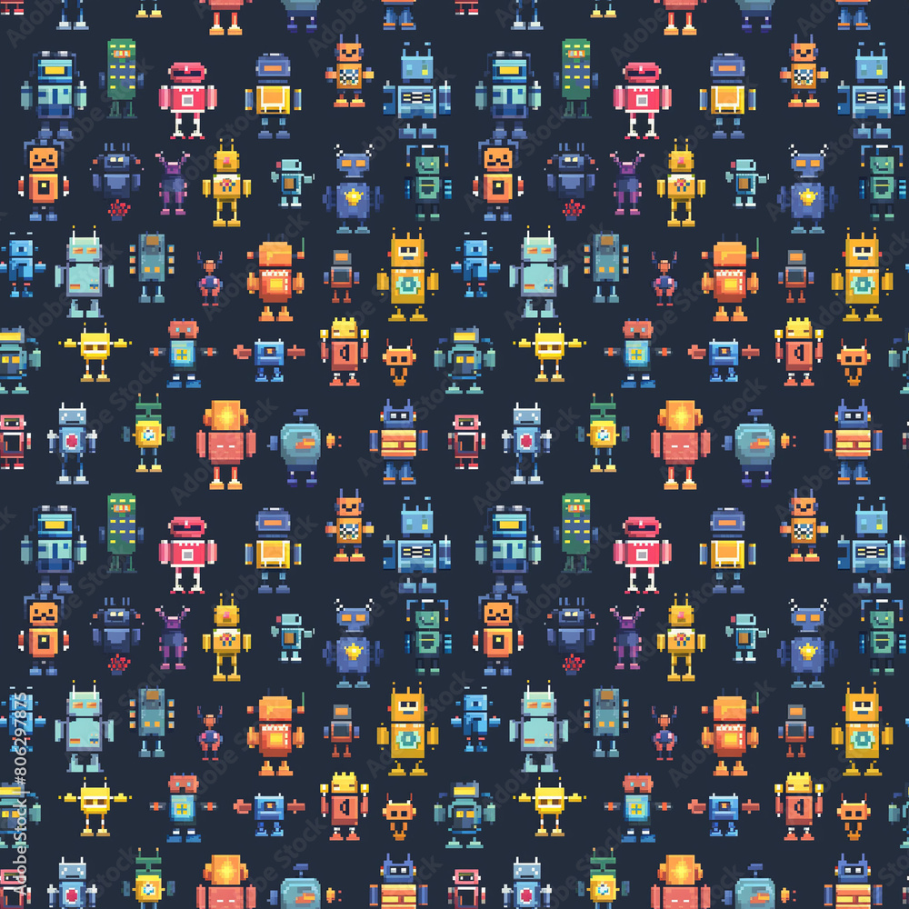 Poster a design featuring a repetitive pattern of pixelated robots.