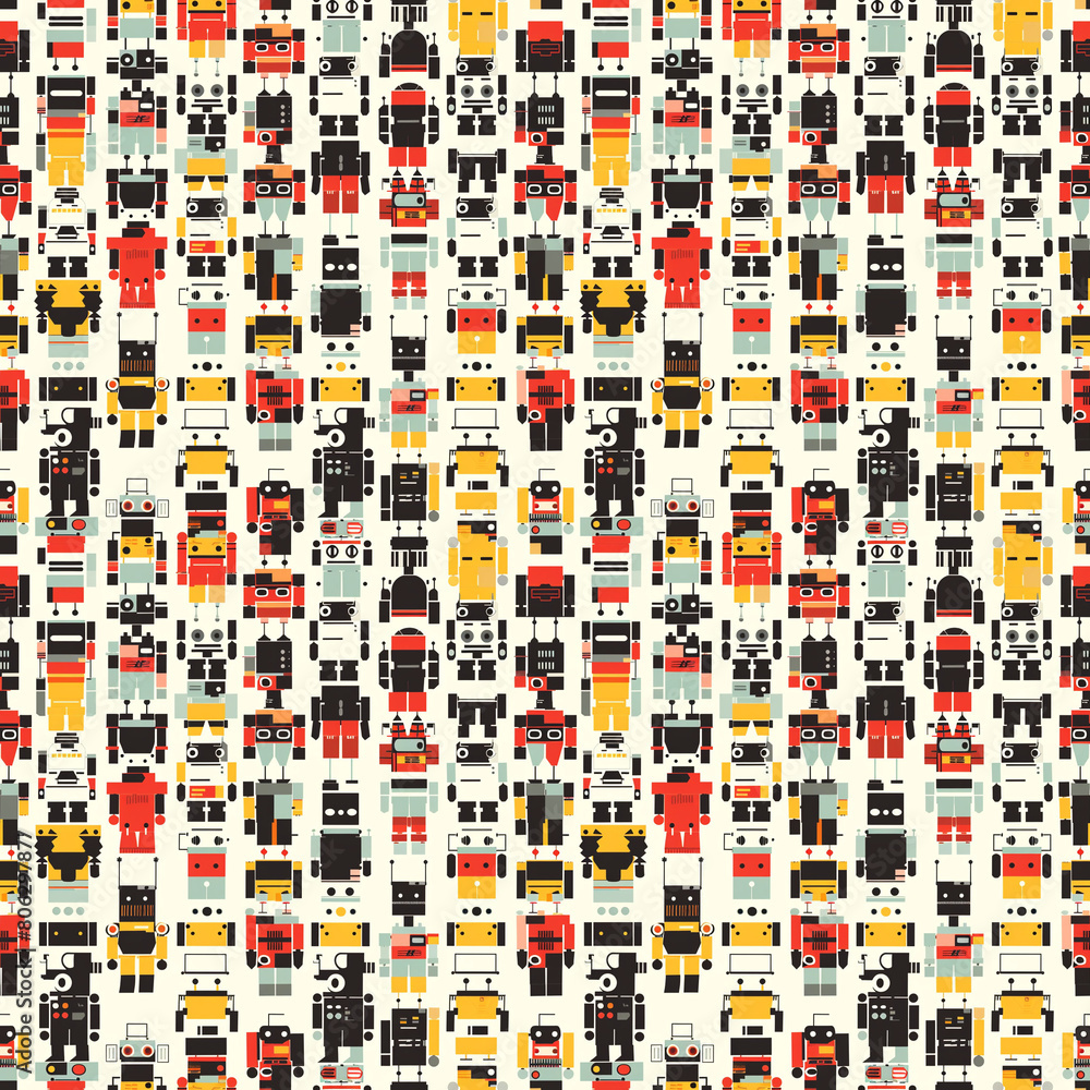 Poster a design featuring a repetitive pattern of pixelated robots.