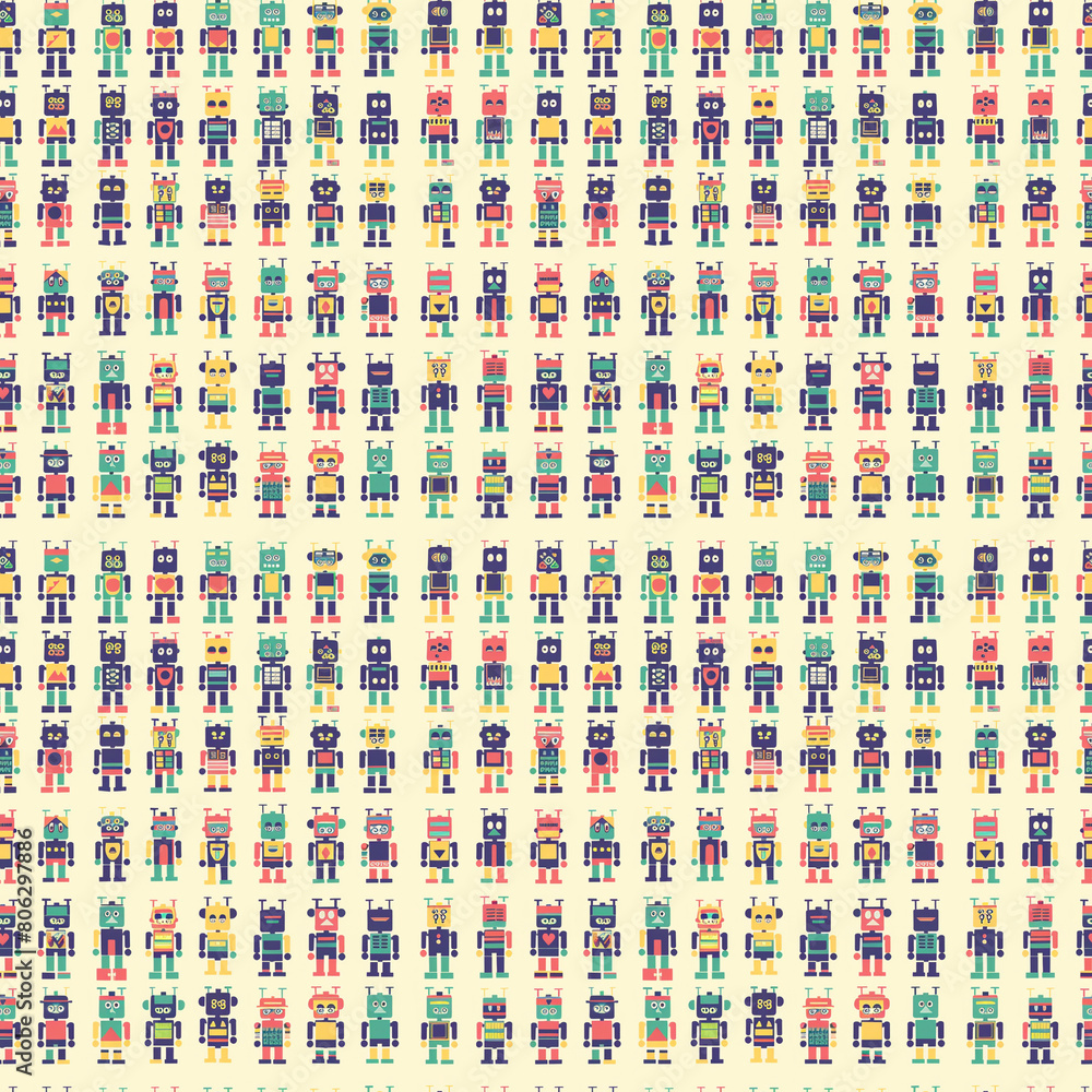 Poster a design featuring a repetitive pattern of pixelated robots.