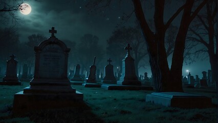 A scary and creepy moonlit graveyard.
A scary and creepy moonlit cemetery.