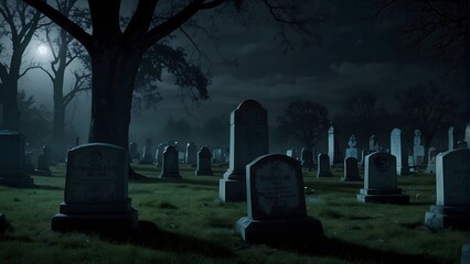 A scary and creepy moonlit graveyard.
A scary and creepy moonlit cemetery.